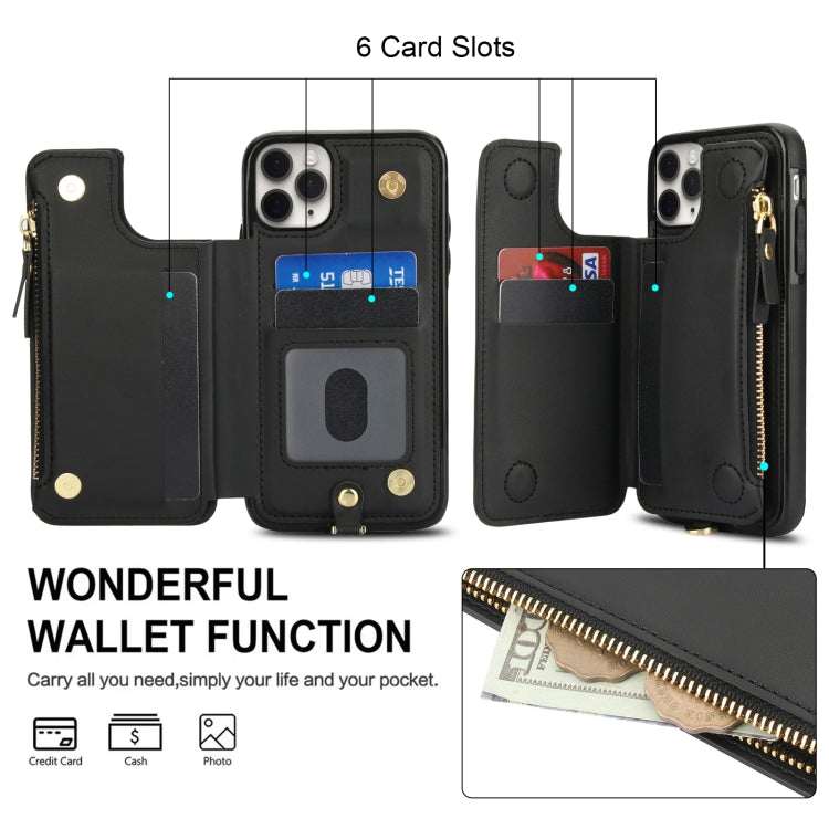 For iPhone 11 Pro Double Flap Zipper RFID Leather Phone Case with Short Lanyard(Black) - iPhone 11 Pro Cases by buy2fix | Online Shopping UK | buy2fix