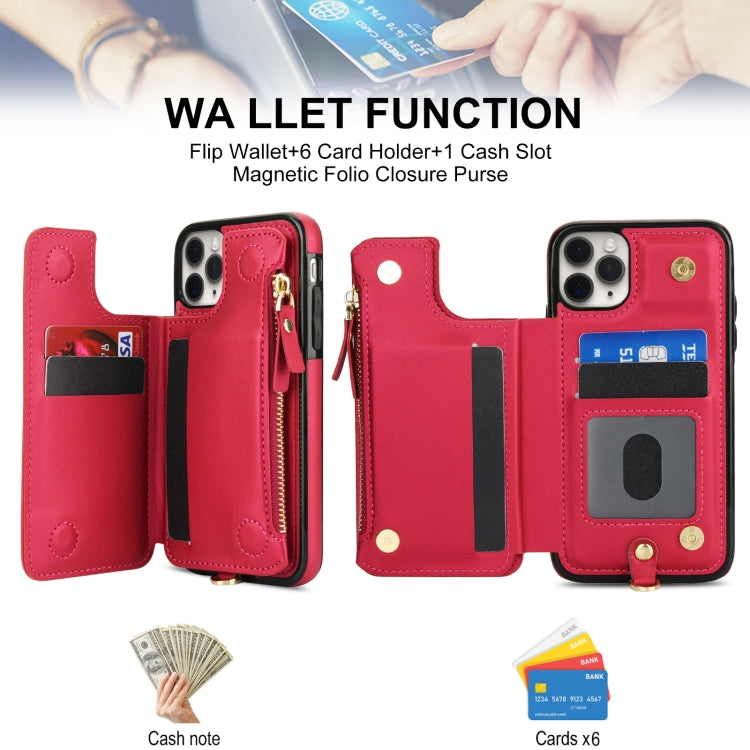 For iPhone 11 Pro Double Flap Zipper RFID Leather Phone Case with Short Lanyard(Red) - iPhone 11 Pro Cases by buy2fix | Online Shopping UK | buy2fix