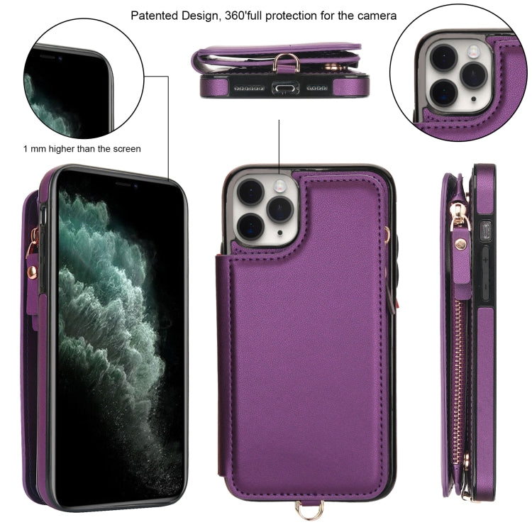 For iPhone 11 Pro Double Flap Zipper RFID Leather Phone Case with Short Lanyard(Dark Purple) - iPhone 11 Pro Cases by buy2fix | Online Shopping UK | buy2fix