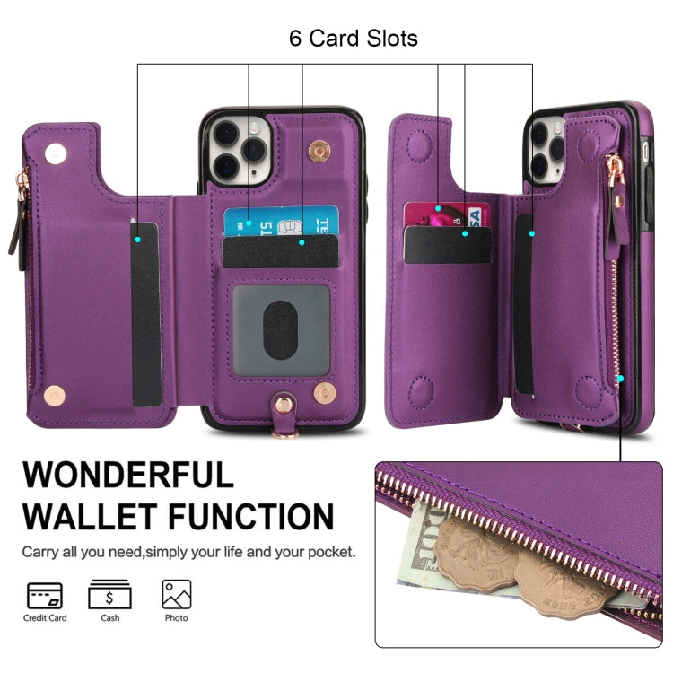 For iPhone 11 Pro Double Flap Zipper RFID Leather Phone Case with Short Lanyard(Dark Purple) - iPhone 11 Pro Cases by buy2fix | Online Shopping UK | buy2fix