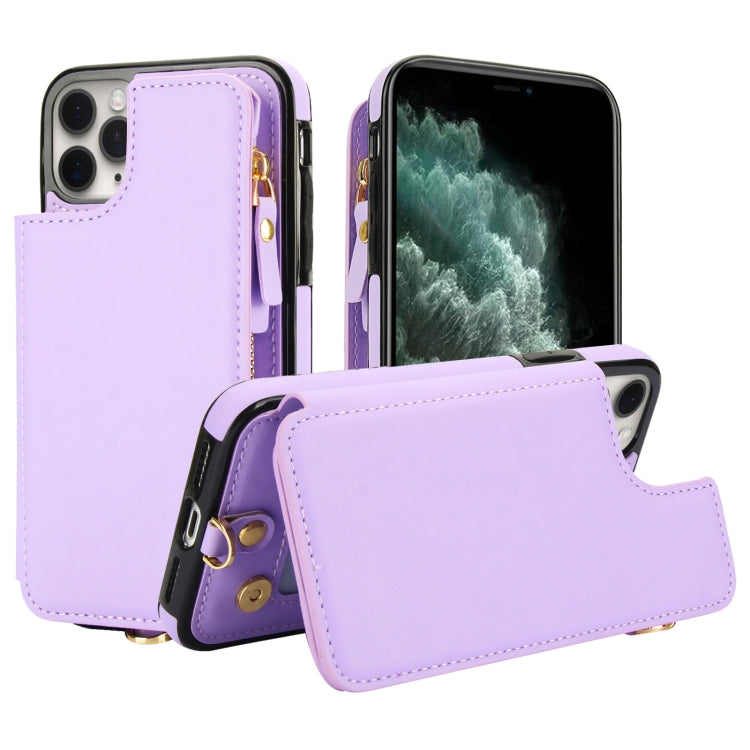 For iPhone 11 Pro Double Flap Zipper RFID Leather Phone Case with Short Lanyard(Light Purple) - iPhone 11 Pro Cases by buy2fix | Online Shopping UK | buy2fix