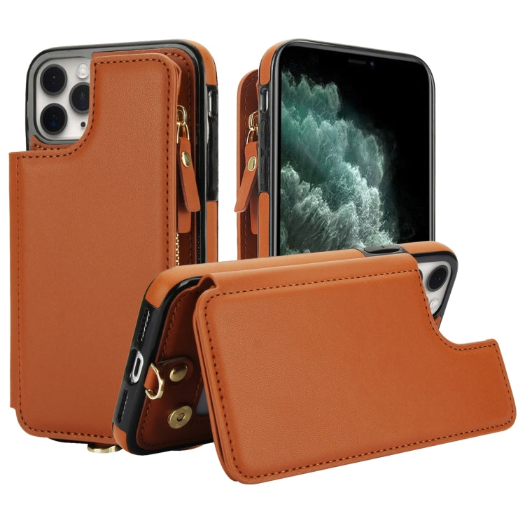 For iPhone 11 Pro Double Flap Zipper RFID Leather Phone Case with Short Lanyard(Brown) - iPhone 11 Pro Cases by buy2fix | Online Shopping UK | buy2fix