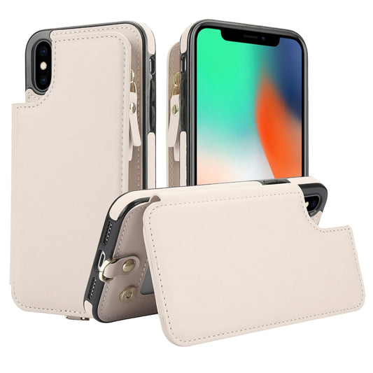 For iPhone X / XS Double Flap Zipper RFID Leather Phone Case with Short Lanyard(White) - More iPhone Cases by buy2fix | Online Shopping UK | buy2fix