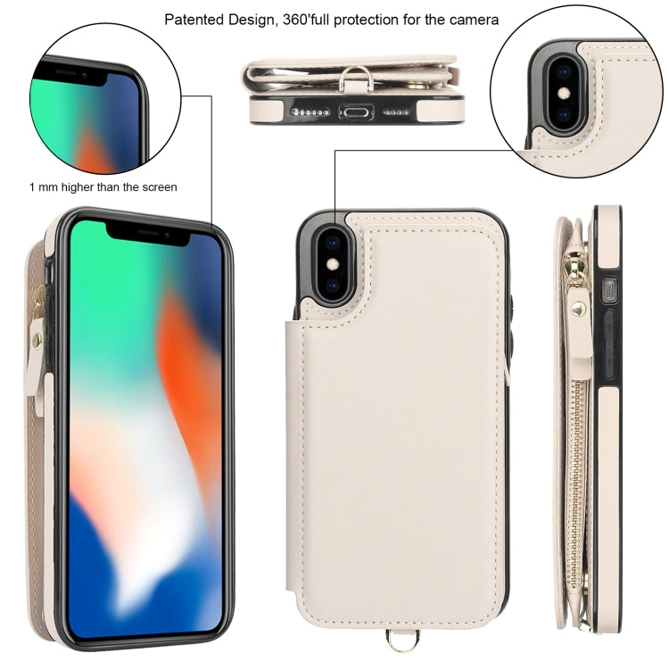 For iPhone X / XS Double Flap Zipper RFID Leather Phone Case with Short Lanyard(White) - More iPhone Cases by buy2fix | Online Shopping UK | buy2fix