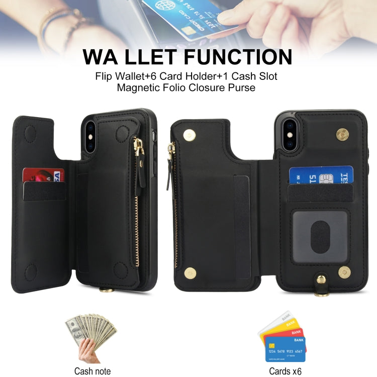 For iPhone X / XS Double Flap Zipper RFID Leather Phone Case with Short Lanyard(Black) - More iPhone Cases by buy2fix | Online Shopping UK | buy2fix