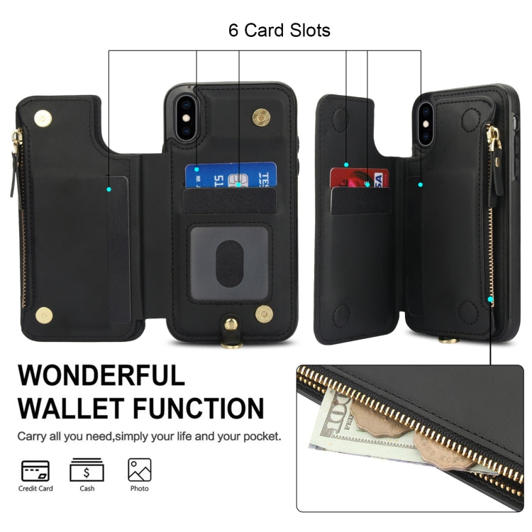 For iPhone X / XS Double Flap Zipper RFID Leather Phone Case with Short Lanyard(Black) - More iPhone Cases by buy2fix | Online Shopping UK | buy2fix
