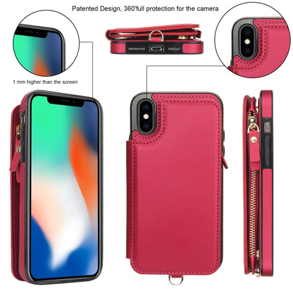 For iPhone X / XS Double Flap Zipper RFID Leather Phone Case with Short Lanyard(Red) - More iPhone Cases by buy2fix | Online Shopping UK | buy2fix