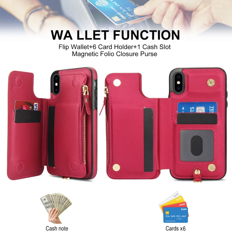 For iPhone X / XS Double Flap Zipper RFID Leather Phone Case with Short Lanyard(Red) - More iPhone Cases by buy2fix | Online Shopping UK | buy2fix
