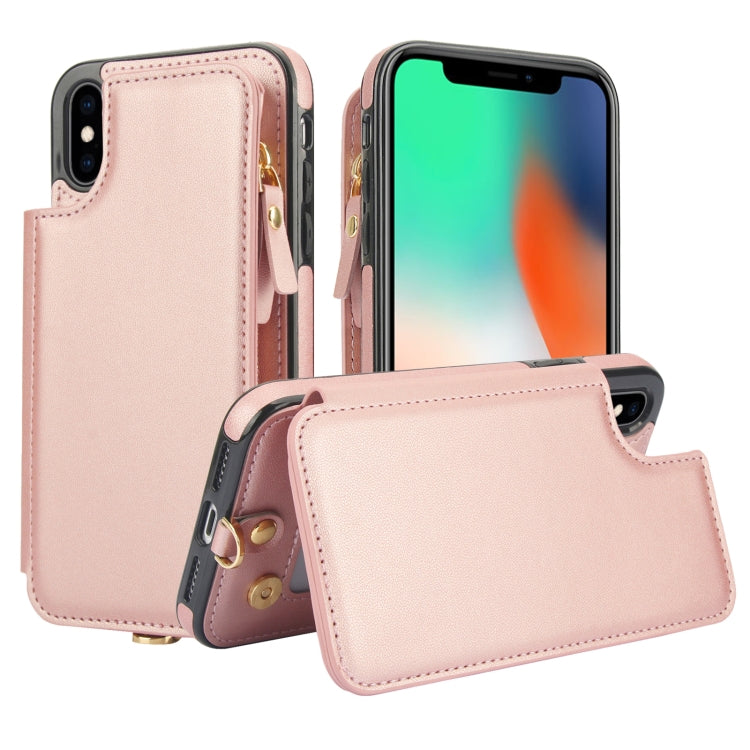 For iPhone X / XS Double Flap Zipper RFID Leather Phone Case with Short Lanyard(Rose Gold) - More iPhone Cases by buy2fix | Online Shopping UK | buy2fix