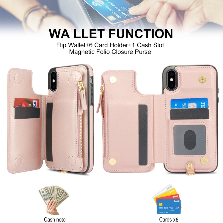 For iPhone X / XS Double Flap Zipper RFID Leather Phone Case with Short Lanyard(Rose Gold) - More iPhone Cases by buy2fix | Online Shopping UK | buy2fix