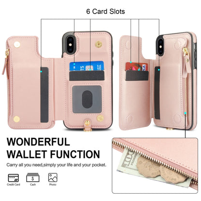 For iPhone X / XS Double Flap Zipper RFID Leather Phone Case with Short Lanyard(Rose Gold) - More iPhone Cases by buy2fix | Online Shopping UK | buy2fix