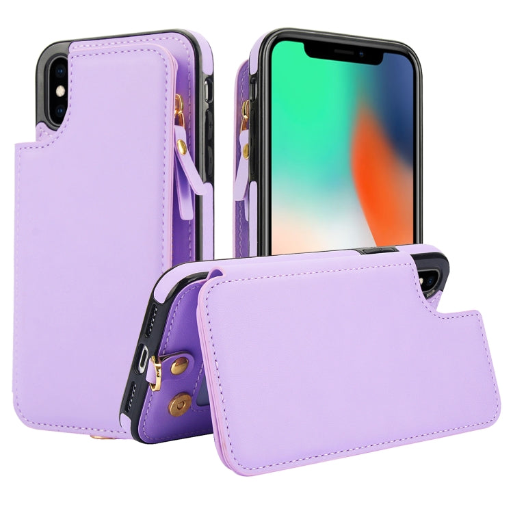For iPhone X / XS Double Flap Zipper RFID Leather Phone Case with Short Lanyard(Light Purple) - More iPhone Cases by buy2fix | Online Shopping UK | buy2fix