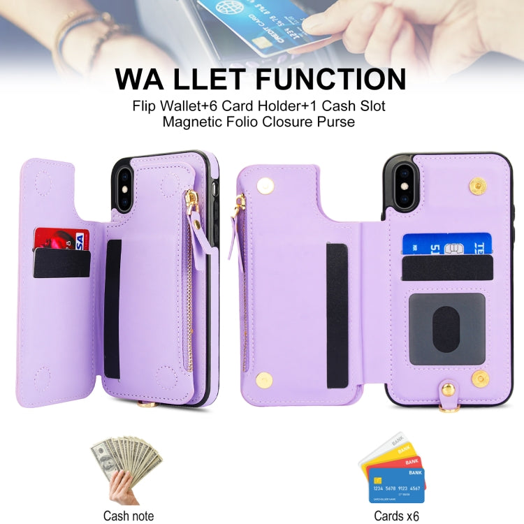 For iPhone X / XS Double Flap Zipper RFID Leather Phone Case with Short Lanyard(Light Purple) - More iPhone Cases by buy2fix | Online Shopping UK | buy2fix