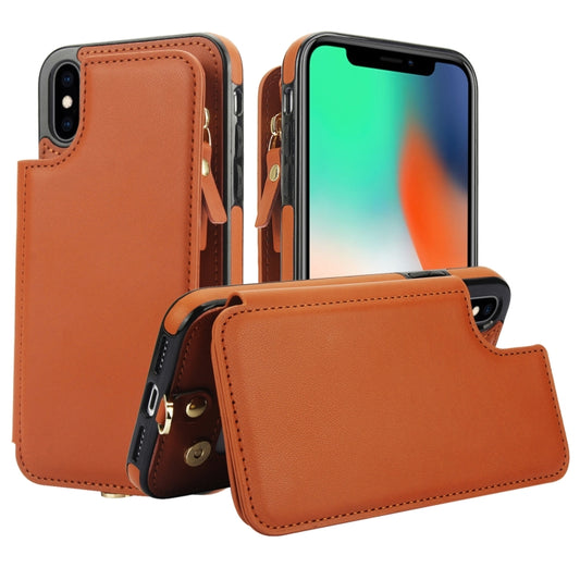 For iPhone X / XS Double Flap Zipper RFID Leather Phone Case with Short Lanyard(Brown) - More iPhone Cases by buy2fix | Online Shopping UK | buy2fix