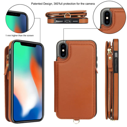 For iPhone X / XS Double Flap Zipper RFID Leather Phone Case with Short Lanyard(Brown) - More iPhone Cases by buy2fix | Online Shopping UK | buy2fix