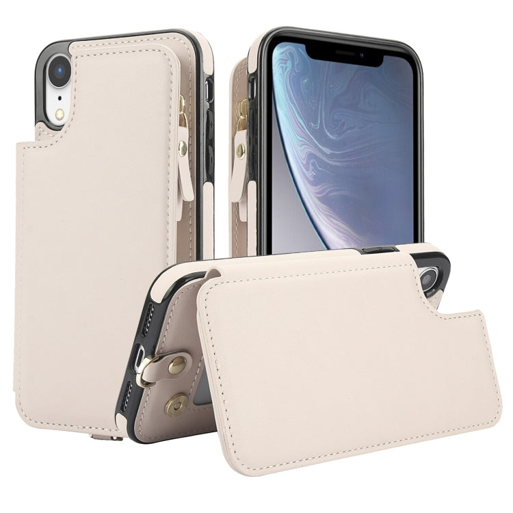 For iPhone XR Double Flap Zipper RFID Leather Phone Case with Short Lanyard(White) - More iPhone Cases by buy2fix | Online Shopping UK | buy2fix