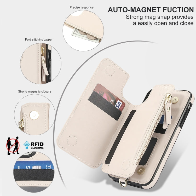 For iPhone XR Double Flap Zipper RFID Leather Phone Case with Short Lanyard(White) - More iPhone Cases by buy2fix | Online Shopping UK | buy2fix