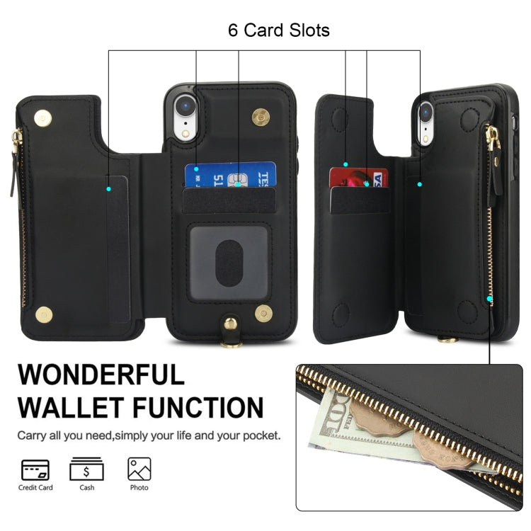 For iPhone XR Double Flap Zipper RFID Leather Phone Case with Short Lanyard(Black) - More iPhone Cases by buy2fix | Online Shopping UK | buy2fix