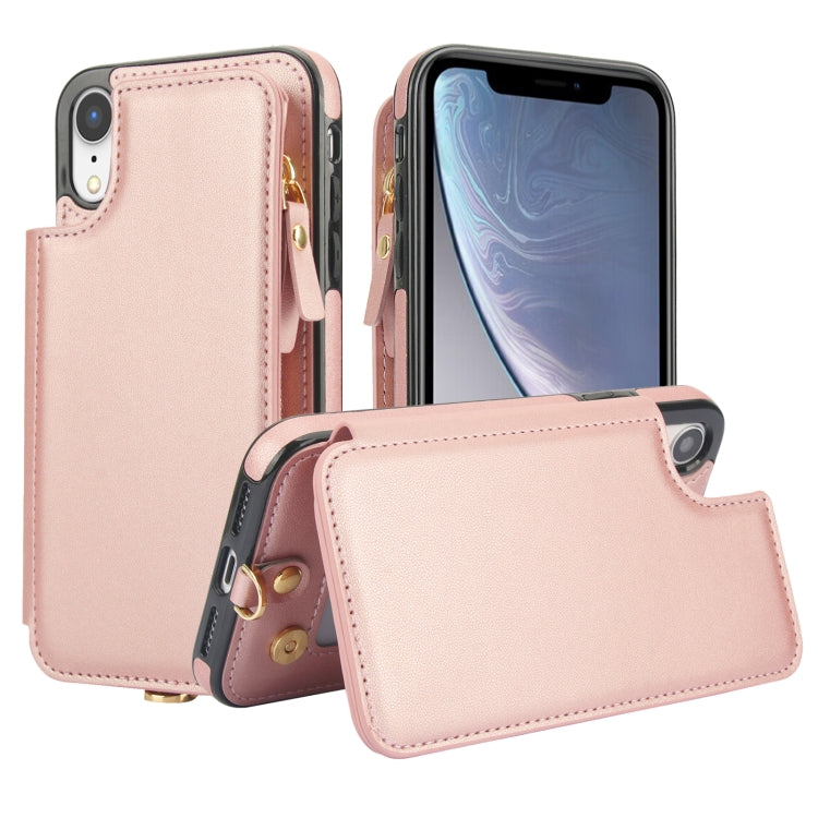 For iPhone XR Double Flap Zipper RFID Leather Phone Case with Short Lanyard(Rose Gold) - More iPhone Cases by buy2fix | Online Shopping UK | buy2fix