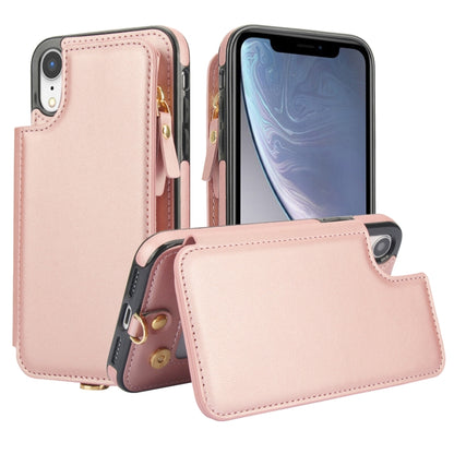 For iPhone XR Double Flap Zipper RFID Leather Phone Case with Short Lanyard(Rose Gold) - More iPhone Cases by buy2fix | Online Shopping UK | buy2fix