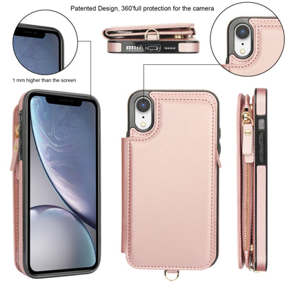 For iPhone XR Double Flap Zipper RFID Leather Phone Case with Short Lanyard(Rose Gold) - More iPhone Cases by buy2fix | Online Shopping UK | buy2fix