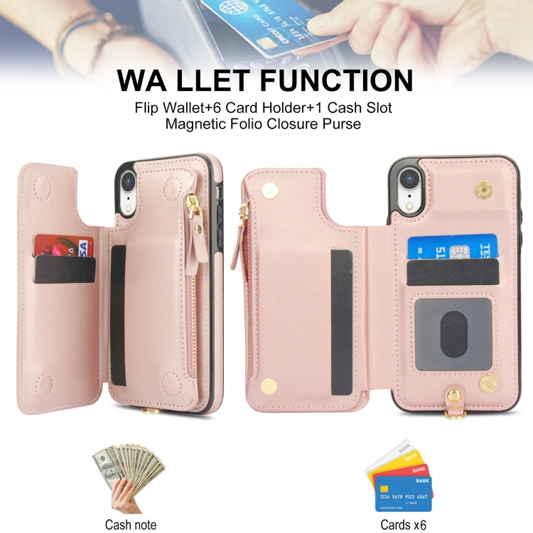 For iPhone XR Double Flap Zipper RFID Leather Phone Case with Short Lanyard(Rose Gold) - More iPhone Cases by buy2fix | Online Shopping UK | buy2fix