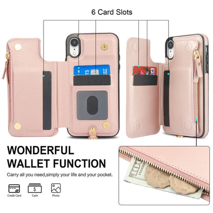 For iPhone XR Double Flap Zipper RFID Leather Phone Case with Short Lanyard(Rose Gold) - More iPhone Cases by buy2fix | Online Shopping UK | buy2fix