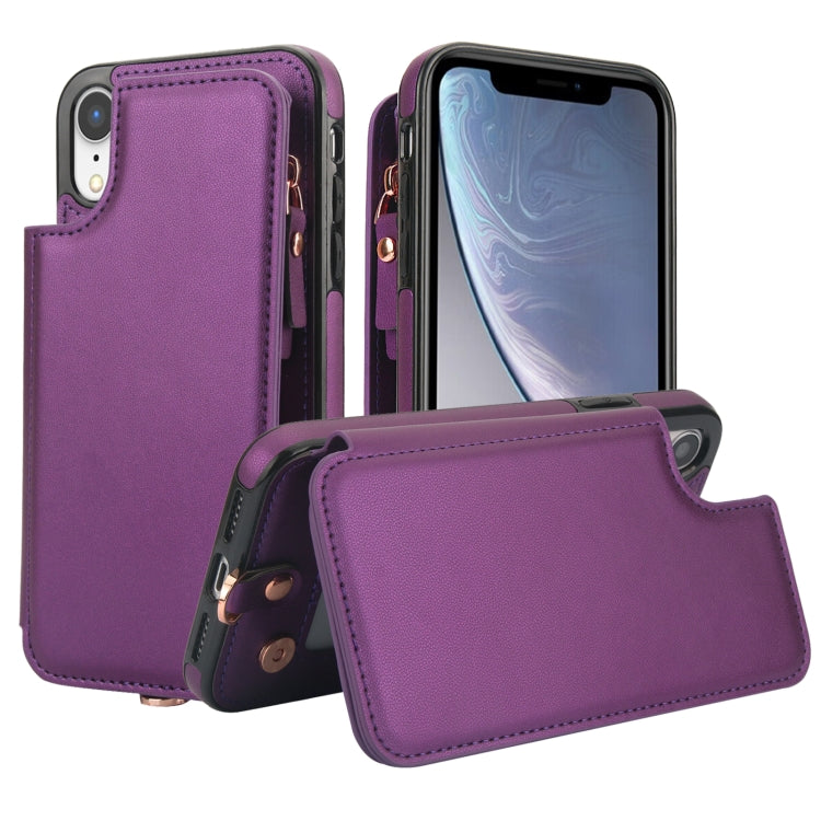 For iPhone XR Double Flap Zipper RFID Leather Phone Case with Short Lanyard(Dark Purple) - More iPhone Cases by buy2fix | Online Shopping UK | buy2fix