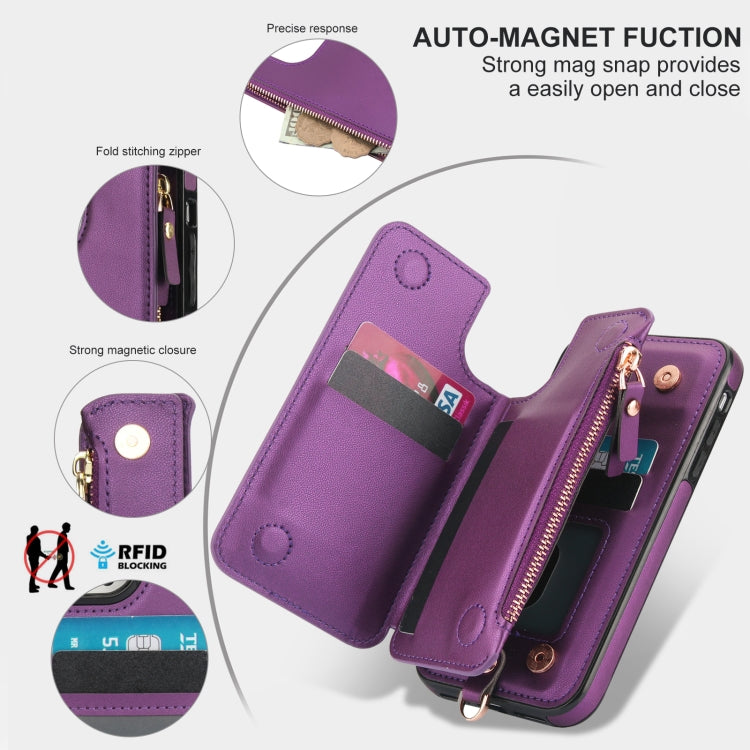 For iPhone XR Double Flap Zipper RFID Leather Phone Case with Short Lanyard(Dark Purple) - More iPhone Cases by buy2fix | Online Shopping UK | buy2fix