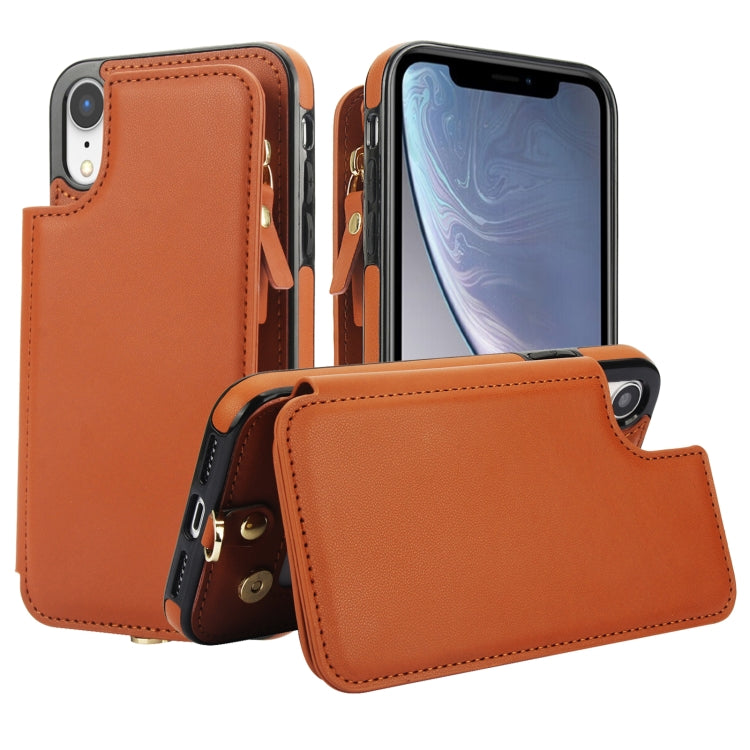 For iPhone XR Double Flap Zipper RFID Leather Phone Case with Short Lanyard(Brown) - More iPhone Cases by buy2fix | Online Shopping UK | buy2fix