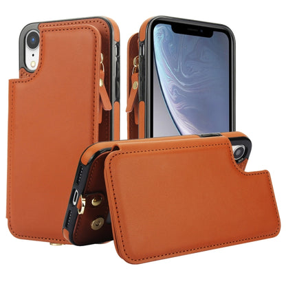 For iPhone XR Double Flap Zipper RFID Leather Phone Case with Short Lanyard(Brown) - More iPhone Cases by buy2fix | Online Shopping UK | buy2fix