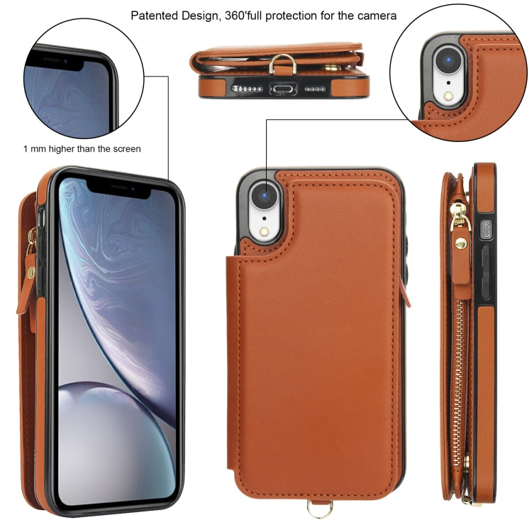 For iPhone XR Double Flap Zipper RFID Leather Phone Case with Short Lanyard(Brown) - More iPhone Cases by buy2fix | Online Shopping UK | buy2fix
