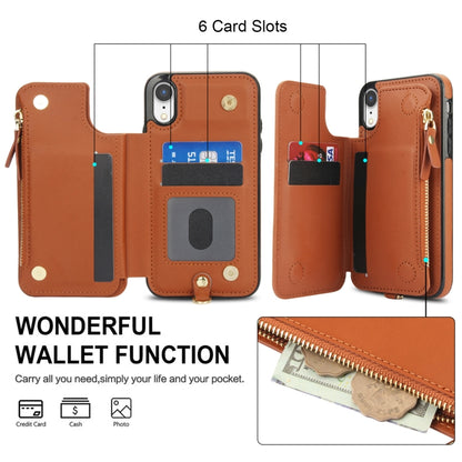 For iPhone XR Double Flap Zipper RFID Leather Phone Case with Short Lanyard(Brown) - More iPhone Cases by buy2fix | Online Shopping UK | buy2fix