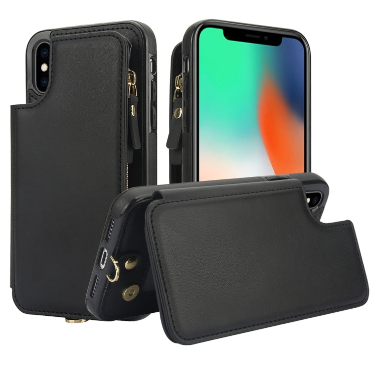 For iPhone XS Max Double Flap Zipper RFID Leather Phone Case with Short Lanyard(Black) - More iPhone Cases by buy2fix | Online Shopping UK | buy2fix