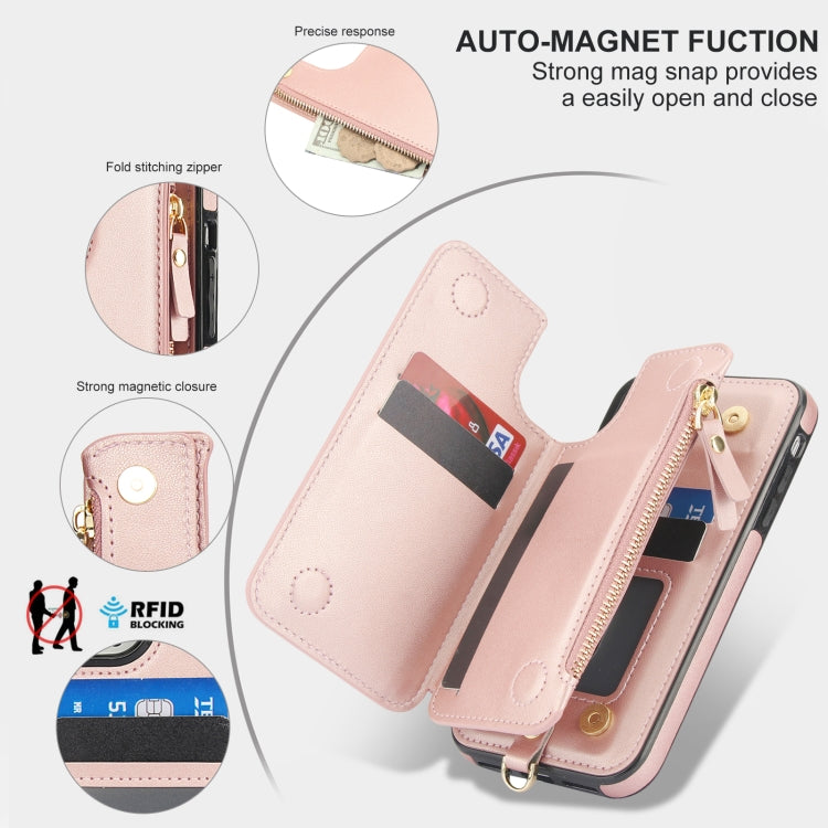 For iPhone XS Max Double Flap Zipper RFID Leather Phone Case with Short Lanyard(Rose Gold) - More iPhone Cases by buy2fix | Online Shopping UK | buy2fix