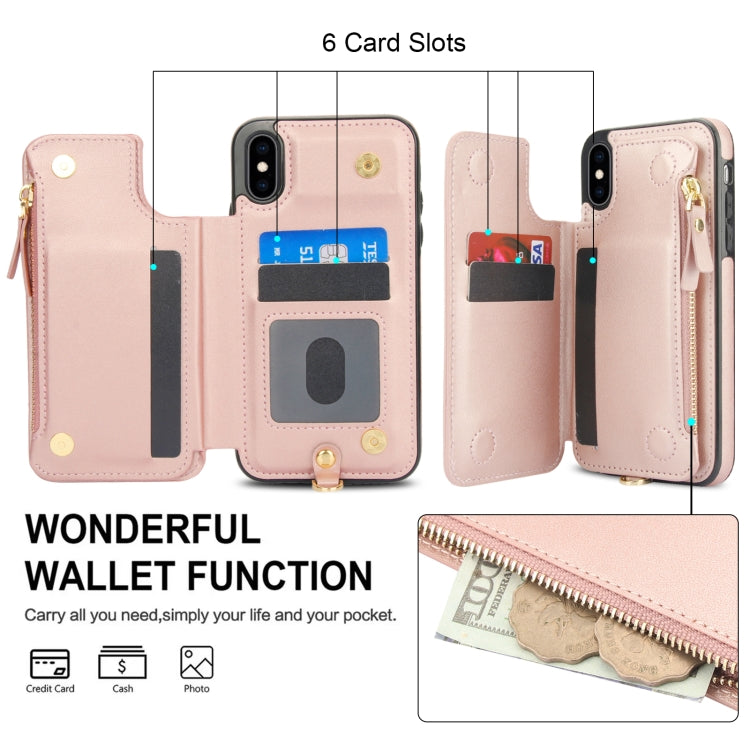 For iPhone XS Max Double Flap Zipper RFID Leather Phone Case with Short Lanyard(Rose Gold) - More iPhone Cases by buy2fix | Online Shopping UK | buy2fix