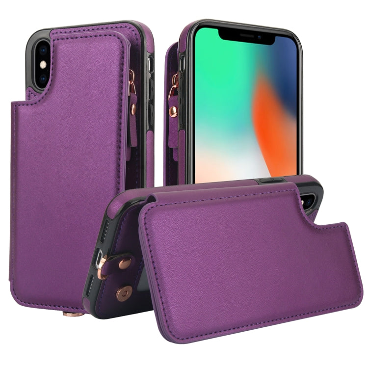 For iPhone XS Max Double Flap Zipper RFID Leather Phone Case with Short Lanyard(Dark Purple) - More iPhone Cases by buy2fix | Online Shopping UK | buy2fix