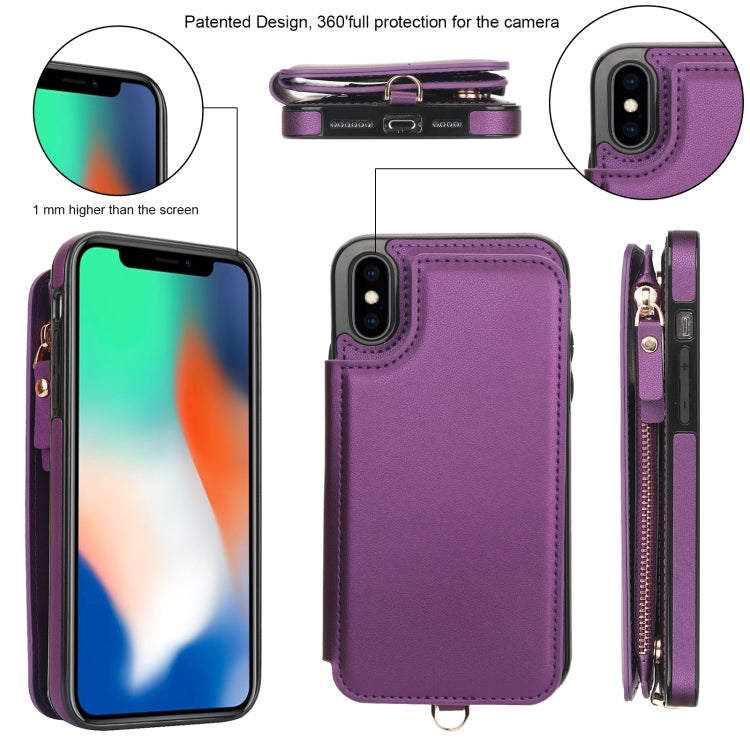 For iPhone XS Max Double Flap Zipper RFID Leather Phone Case with Short Lanyard(Dark Purple) - More iPhone Cases by buy2fix | Online Shopping UK | buy2fix