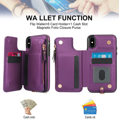 For iPhone XS Max Double Flap Zipper RFID Leather Phone Case with Short Lanyard(Dark Purple) - More iPhone Cases by buy2fix | Online Shopping UK | buy2fix