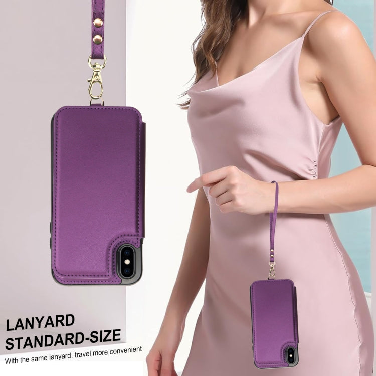 For iPhone XS Max Double Flap Zipper RFID Leather Phone Case with Short Lanyard(Dark Purple) - More iPhone Cases by buy2fix | Online Shopping UK | buy2fix
