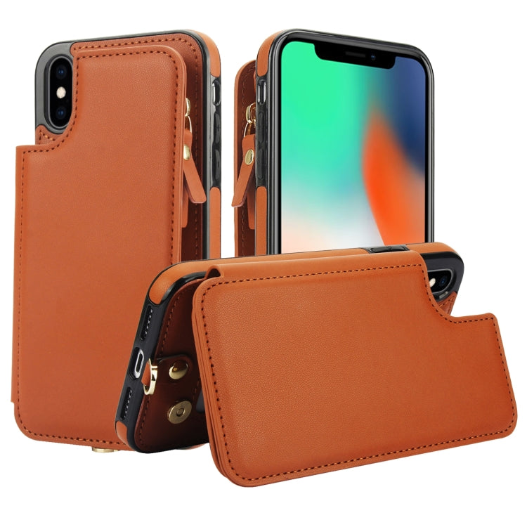 For iPhone XS Max Double Flap Zipper RFID Leather Phone Case with Short Lanyard(Brown) - More iPhone Cases by buy2fix | Online Shopping UK | buy2fix