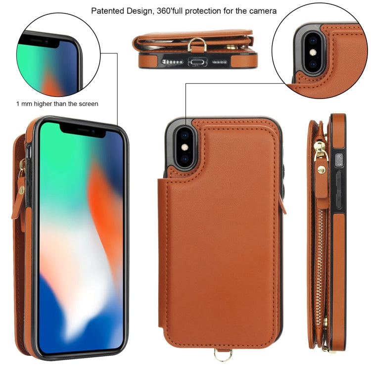 For iPhone XS Max Double Flap Zipper RFID Leather Phone Case with Short Lanyard(Brown) - More iPhone Cases by buy2fix | Online Shopping UK | buy2fix