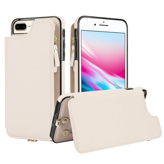 For iPhone 8 Plus / 7 Plus Double Flap Zipper RFID Leather Phone Case with Short Lanyard(White) - More iPhone Cases by buy2fix | Online Shopping UK | buy2fix