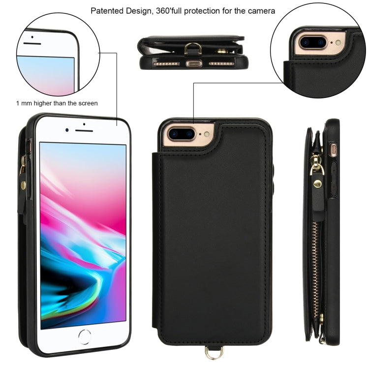 For iPhone 8 Plus / 7 Plus Double Flap Zipper RFID Leather Phone Case with Short Lanyard(Black) - More iPhone Cases by buy2fix | Online Shopping UK | buy2fix