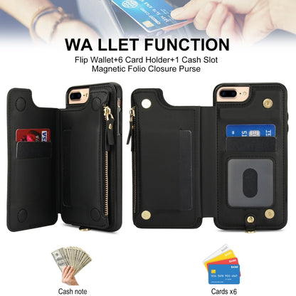 For iPhone 8 Plus / 7 Plus Double Flap Zipper RFID Leather Phone Case with Short Lanyard(Black) - More iPhone Cases by buy2fix | Online Shopping UK | buy2fix