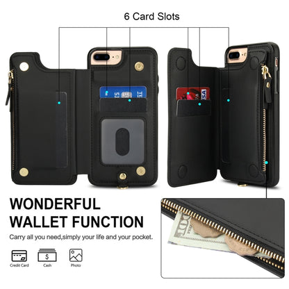 For iPhone 8 Plus / 7 Plus Double Flap Zipper RFID Leather Phone Case with Short Lanyard(Black) - More iPhone Cases by buy2fix | Online Shopping UK | buy2fix