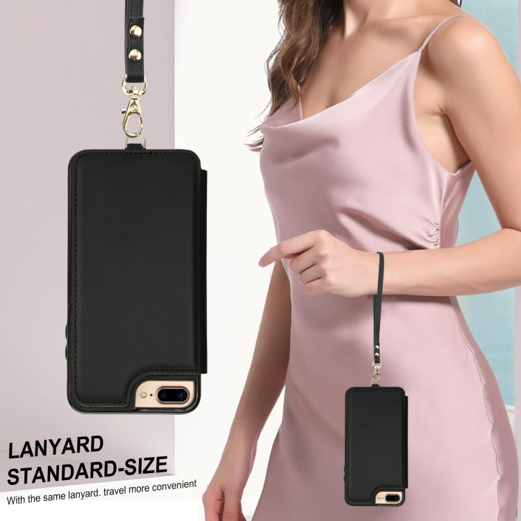 For iPhone 8 Plus / 7 Plus Double Flap Zipper RFID Leather Phone Case with Short Lanyard(Black) - More iPhone Cases by buy2fix | Online Shopping UK | buy2fix