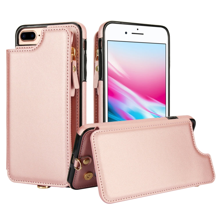For iPhone 8 Plus / 7 Plus Double Flap Zipper RFID Leather Phone Case with Short Lanyard(Rose Gold) - More iPhone Cases by buy2fix | Online Shopping UK | buy2fix