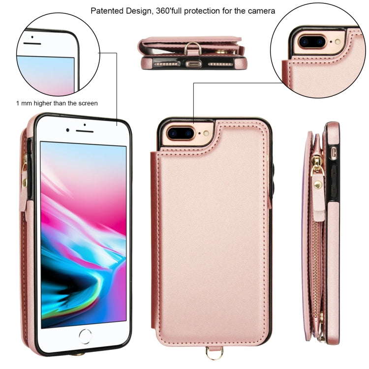 For iPhone 8 Plus / 7 Plus Double Flap Zipper RFID Leather Phone Case with Short Lanyard(Rose Gold) - More iPhone Cases by buy2fix | Online Shopping UK | buy2fix