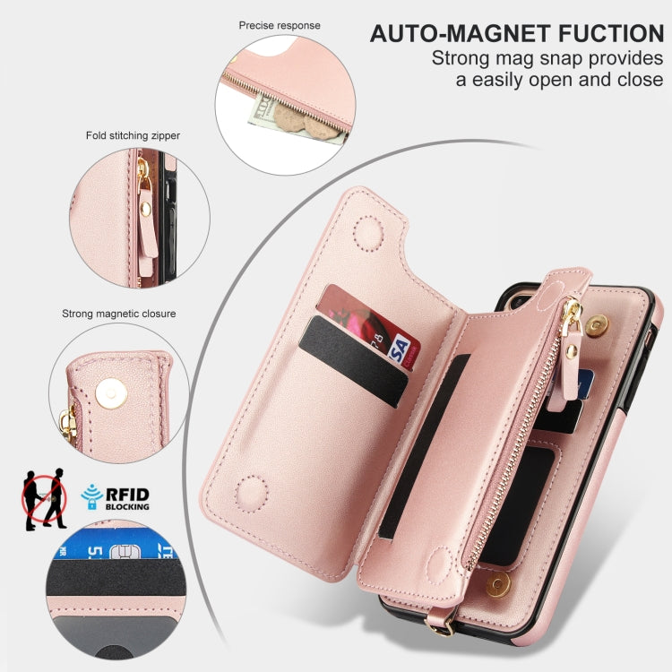For iPhone 8 Plus / 7 Plus Double Flap Zipper RFID Leather Phone Case with Short Lanyard(Rose Gold) - More iPhone Cases by buy2fix | Online Shopping UK | buy2fix
